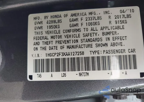 2010 Honda Accord 2.4 Lx z USA, uszkodzony, nr VIN 1HGCP2F3XAA127258